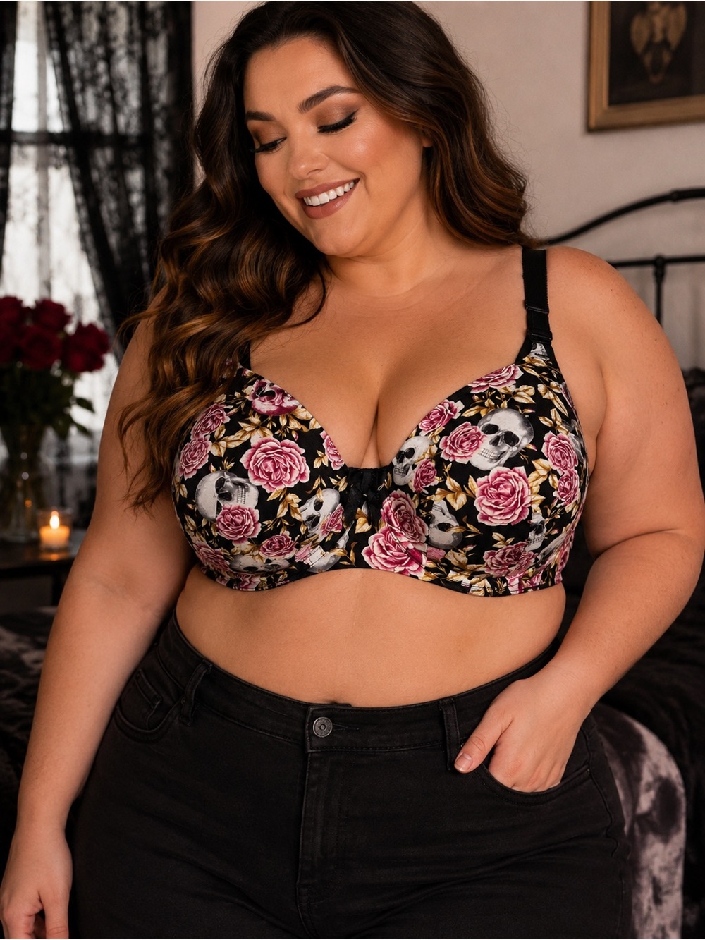 Torrid Curve Full Coverage Gothic Skull‎ & Roses Underwire Bra Floral Whimsy